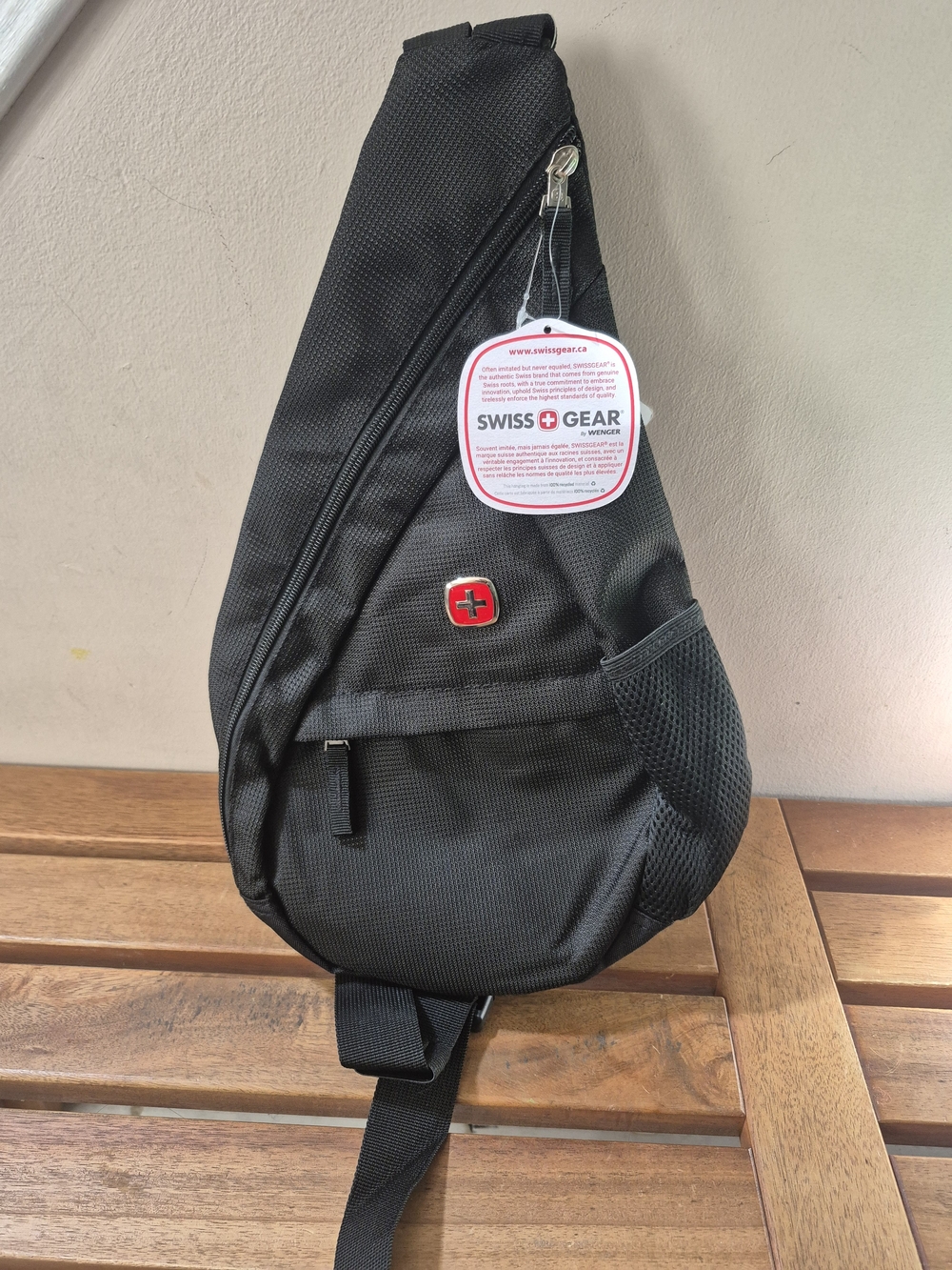 NWT SwissGear Black Sling Bag with Red Logo Accent